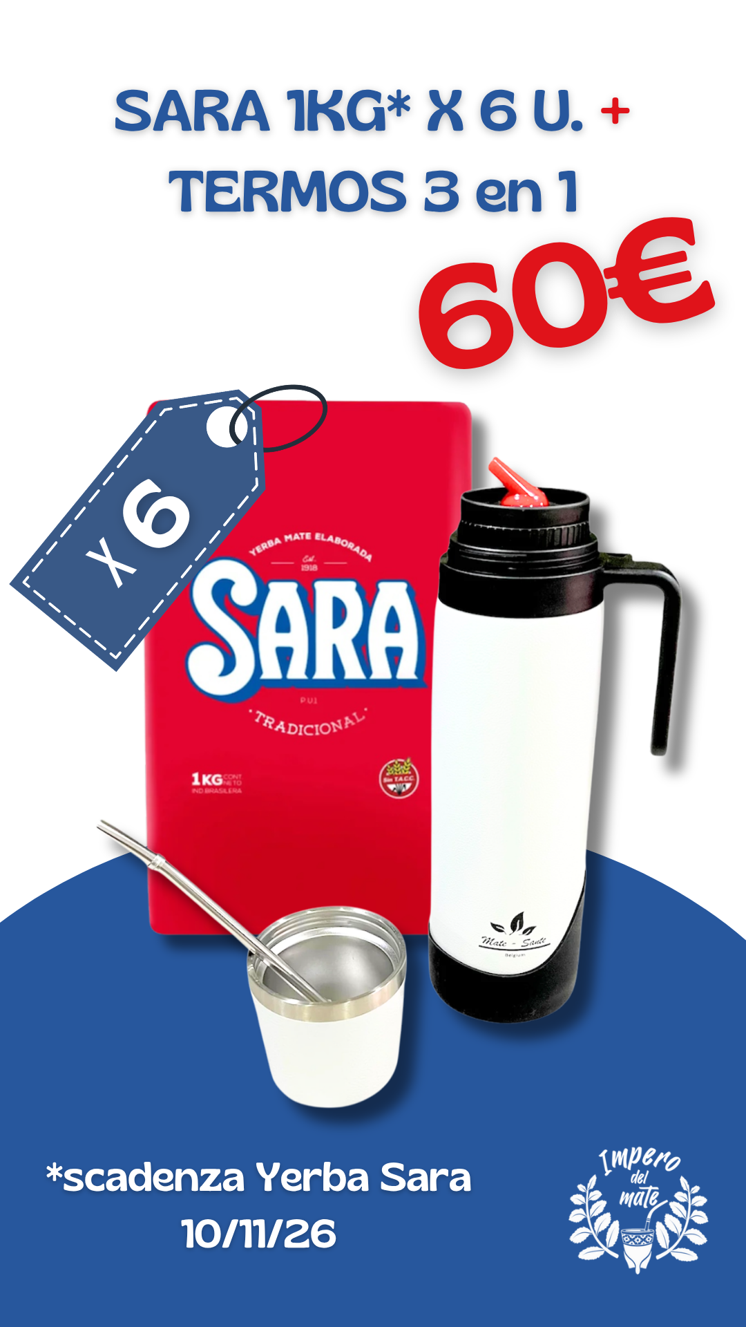 Combo Termos 3 in 1 + Yerba Mate Sara Roja 6 Kg