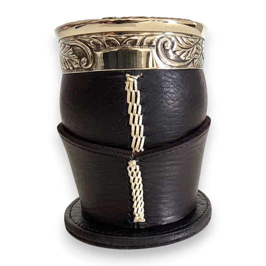 Mate Imperial Nero con "Posa" in Cuoio lavorato, Virola decorata e Cuciture IDM | Luxury