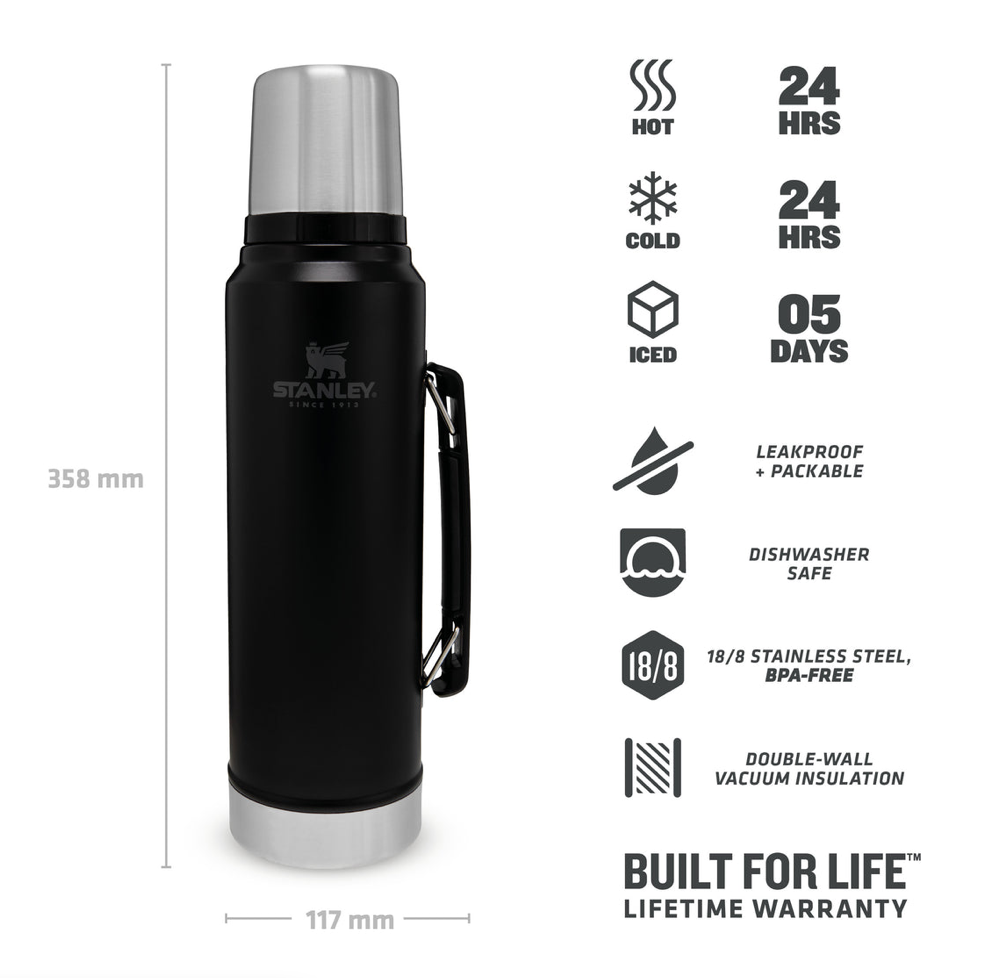 TERMOS STANLEY CLASSIC LEGENDARY BOTTLE "Matte Black Pebble" | 1.1 QT | 1.0L - imperodelmate.com